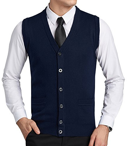 FULIER Hommes Gilet en Laine De V-Cou Gilet sans Manche Gilet Classique Gentleman Tricots Cardigans Pull Tricoté Débardeurs avec Boutons (M, Marine)