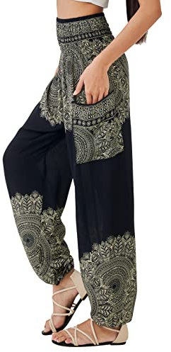 Joob Joob Boho Pants for Women - Hippie Harem Pants Women - Womens Yoga Pants – Comfy Bohemian Flowy Hippie Clothes - Black Large