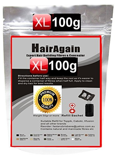 HairAgain HAIR FIBERS~50g oder 100g ~ PREMIUM-DELUXE REFILL SCHÜTTHAAR NACHFÜLLBEUTEL !! verschiede Farben !! SCHÜTTHAARE~MICROHAARFASERN~STEUHAAR~BEI HAARAUSFALL (Dark Brown - Dunkelbraun XXL 100g)