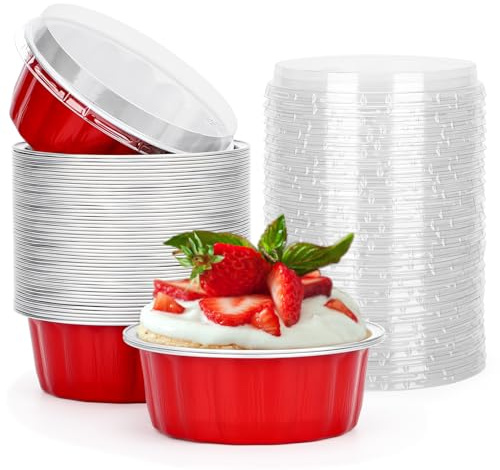 Beasea Ramequines desechables de 8 onzas con tapas, paquete de 50 vasos de papel de aluminio para fiestas, bodas, cumpleaños, color rojo