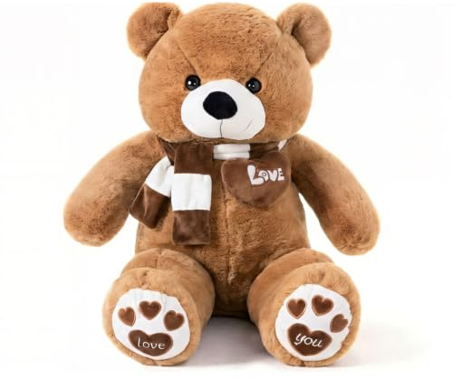 YunNasi Teddybär Groß Riesen Teddy Bär Braun 100cm Plüschtier Kuscheltier Stofftier Teddybär mit Herz und Schal | mit Love You Herz und Schal,Super flauschig, niedlich und weich,Geschenk zur Konfirmation,Nikolaus,Weihnachten