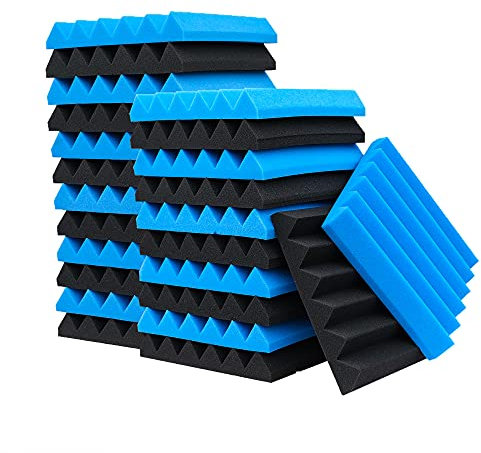 KTOESHEO 24 Stück Akustikschaumstoff-Paneele, 5.1x30.5x30.5 cm, feuerfest, schalldicht, schalldämmend, geräuschdämpfend, für Aufnahmestudios, Zuhause, Büros, Wände, Decken (12xblau + 12xschwarz)