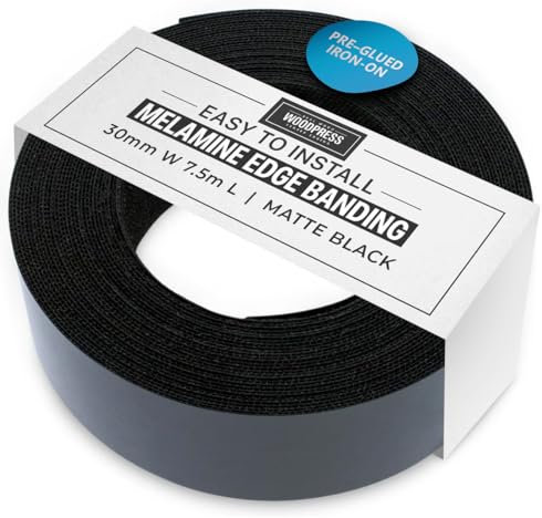 WoodPress® 30mm Mattschwarz Melamin Kantenumleimer mit Schmelzkleber – 7,5m Rolle – Einfaches Aufbügeln für Heimwerker