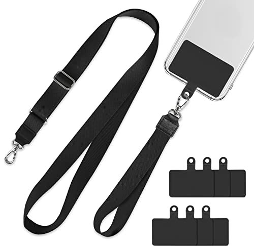mylovetime Phone Lanyard, Adjustable Phone Neck Strap with Wrist Band, Universal Crossbody Phone Charm with 6 Patchs, Compatible With Most Smartphones Black