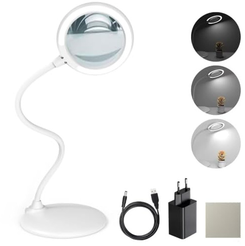 DUDSOEHO Lente d'ingrandimento 3x con luce e supporto - Lente d'ingrandimento touch dimmerabile senza mani con luce LED per lavoro, lettura, hobby, cucito, lavori manuali (Bianco)