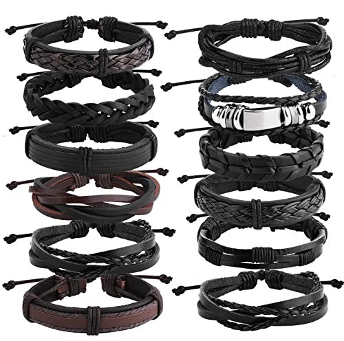 Yolev 12 Stück Armband Herren Geflochtene Lederarmband Herren Schmuck Damen Manschette Wickelarmbänder Armbänder Verstellbar Schwarz Braun Breite Armbänder Geflochtene Lederarmbänder