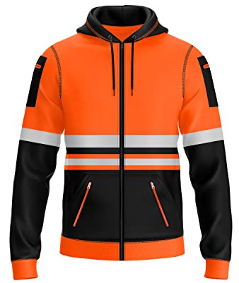 trending babz Sweat à capuche haute visibilité pour homme avec bande réfléchissante et cordon de serrage, plusieurs poches zippées haute visibilité, Orange Noir 15, S