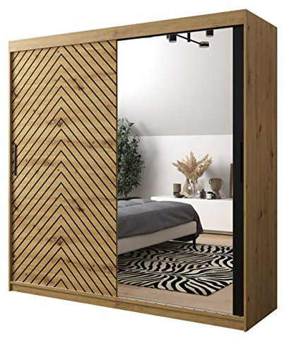 Kleiderschrank Snoter II, Schwebetürenschrank mit 2 Kleiderstangen und Spiegel, Fischgrätenmuster, Schiebetürenschrank für Schlafzimmer (Modell 200, ohne Schubladen, Artisan / Artisan + Schwarz)