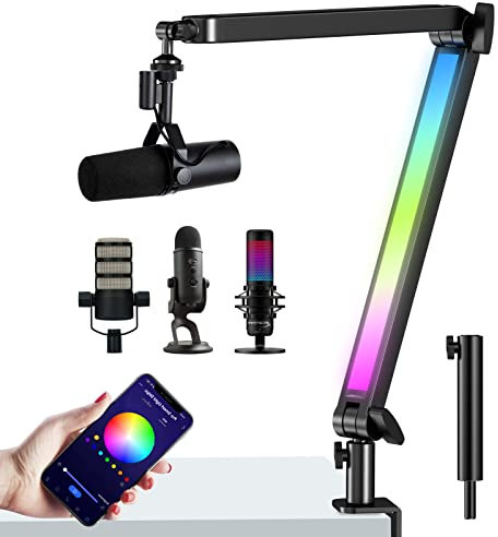 YOUSHARES RGB Mikrofon Arm kompatibel mit Shure SM7B, MV7, HyperX QuadCast, Blue Yeti, Rode, Razer Seiren mini und anderen Gaming Mic, Bluetooth Boom Arm mit RGB, für 1/4, 3/8 und 5/8 Adapter Mic