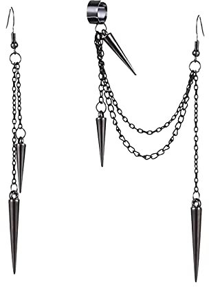 Damen Vintage Ohrringe - Punk Anhänger Ohrstecker Mit Langer Kette, V Hippie Nieten Ohrringe, Gotik Rock Schwarz