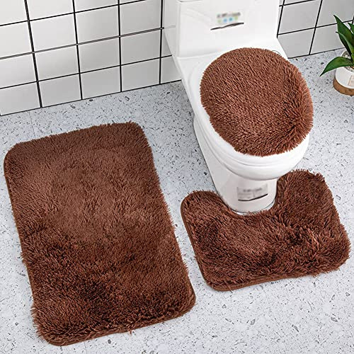 Reyox Set Tappeti Bagno 3 Pezzi in Pelo Lungo, Tappetini Bagno Antiscivolo Assorbente, 1 Tappeto Rettangolare, 1 Tappetino per WC a Forma di U e Coperchio del WC marrone 3 Pz