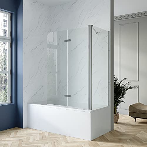 Duschabtrennung Glas Badewanne mit Seitenwand 70x140 cm Badewannenaufsatz Ecke Faltwand 100x140 cm mit Hebe-Senkmechanismus Verstellbereich 5 mm Nano ESG Sicherheitsglas