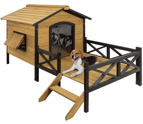 Wooden Large Dog House 43.3 L x 69.9 W x 32.7 H Extreme Outback Log Cabin Weatherproof Outdoor Pet Kennel, Cabin Style Elevated Pet Shelter w/Porch Deck
