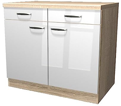 Flex-Well Küchenunterschrank Valencia 100 cm mit Arbeitsplatte – Hochglanz Weiß & Sonoma Eiche – Küchenschrank mit 2 Schubladen und 2 Türen