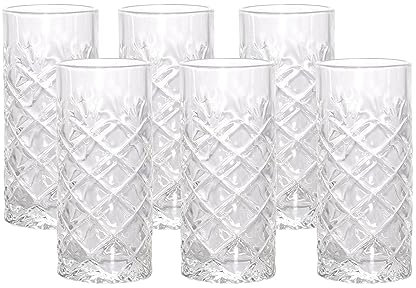 Bicchiere da long drink da 250 ml, set da 6 pezzi, con motivo a rombi, per acqua, succo di frutta, bicchieri da cocktail, lavabile in lavastoviglie
