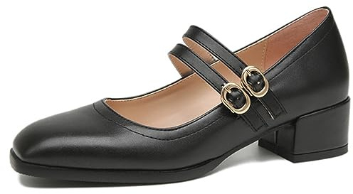 Chaussures Mary-Jane pour Femmes avec Gros Talon Bloc Bas, Escarpins de Travail à Bout fermé, Doubles Brides de Cheville, Escarpins à Bout carré, Chaussures habillées,Noir,38 EU