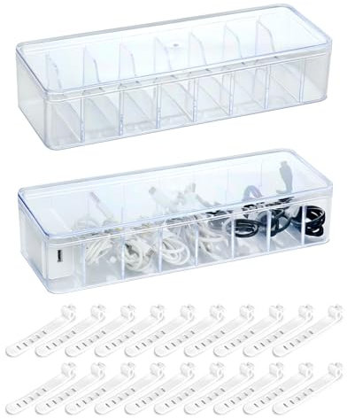 QWORK® 2 piezas caja cables organizador, guarda cables con tapa, transparente, con 20 bridas para cables, 8 compartimentos extraíbles, 26 * 10 * 6cm