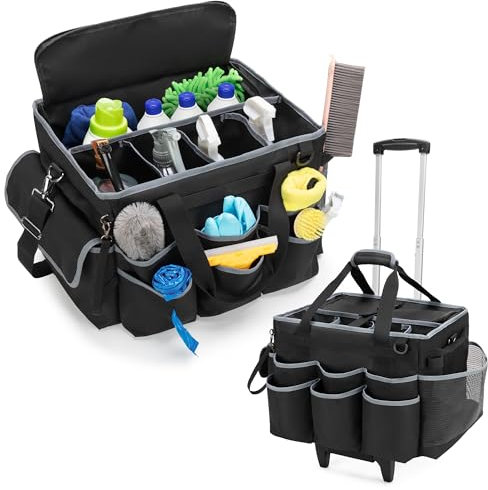 HODRANT Large Cleaning Caddy with Detachable Trolley & Shoulder Strap, Cleaning Supplies Bag with Support Plates All-around & Pockets, Rolling Cleaning Organizer Bag for Housekeeping and Car Wash
