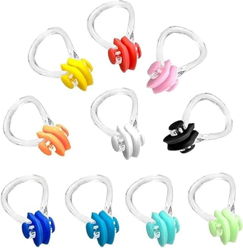 LAWALEISHE 10 Pcs 10 Colors Nose Clips Swimming, Waterproof Silicone Nose Plugs Reusable Waterproof Training Swim Nose Protector Plug for Kids Adults Beginners Free Divers