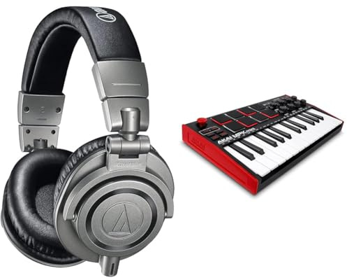 Audio-Technica M50xGM Professional Monitor Headphones Gunmetal (Amazon Exclusive) & AKAI Professional MPK Mini MK3 – 25 Key USB MIDI Keyboard Controller with 8 Backlit Drum Pads