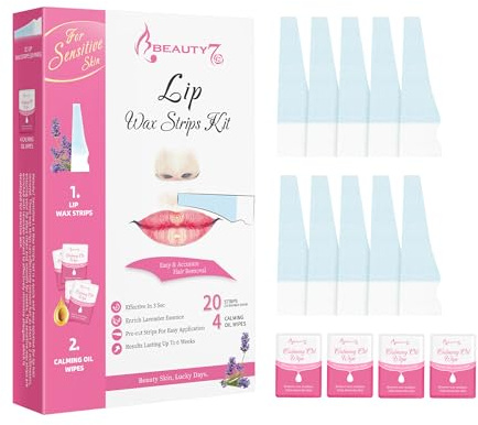Beauty7 Oberlippen Wachsstreifen Fit Wax Strips vorgeschnitten Oberlippen wachs 20stk Oberlippen wax streifen mit 4stk Wachsentferner Tücher enthaarungsstreifen Geeignet für sensible Haut