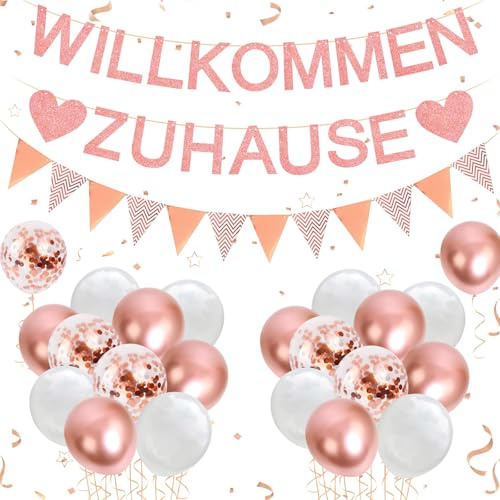 YSUVIN Willkommen Zuhause Deko - Herzlich Willkommen Girlande, Banner, Triangular Flag Banner, 20 Luftballons für Hochzeit, Einweihungsparty, Roségold