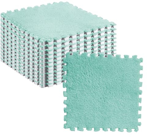10 Stück Plüsch-Puzzle-Bodenschaummattenfliesen, Flauschige, Schneidbare, rutschfeste, Ineinandergreifende Teppichfliesen (Minzgrün)