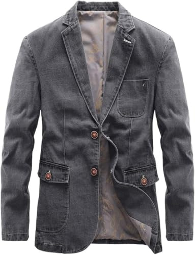 Zunlethian Herren Revers Jeansblazer im Vintage Stil sportliche Jacke modische lässige leichte Knopfjacke schlanke Jeansjacke für das Business Büro im Frühling und Herbst (Grau,XL)
