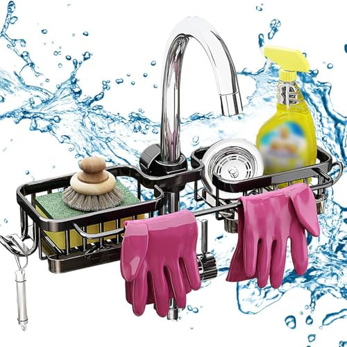 DURAUSE Kitchen Sink Faucet Organizer Multifunction Sponge Holder Organizer Sink Drain Holder Over Faucet Kitchen Sink Caddy with Hook Adjustable for 0.7-1.1inch Round Water Pipe (Black, B)