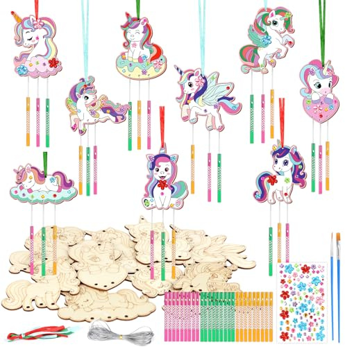 SRIZIAN 9 Pack Unicorn Wind Chimes Craft for Kids, Make Your Own Unicorn Wind Chime Kit DIY Blank Wooden Crafts to Paint for Kids Party Decoration
