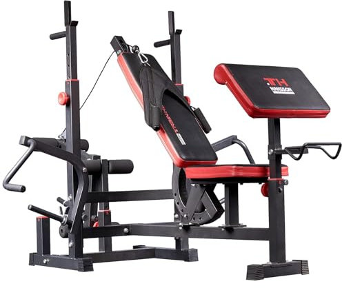 Train Hard® Kraftstation mit Gusseisen Gewichten,Langhantel-Ablage, Curlpult und Butterfly, Inkl. 40/50/62/92kg Hanteln Set,optinal Latzug (A:Hantelbank)