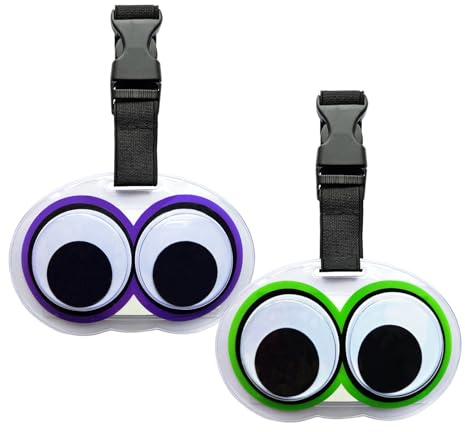 2 Stück Niedliche Wiggle Augen Kofferanhänger Koffer, PVC Koffer Etiketten für Reise Perfekt zu Schnell Spot, Gepäckanhänger Handtasche Tag ID Adresse Etikett Reisezubehör Spaß Geschenk, Grün/Lila