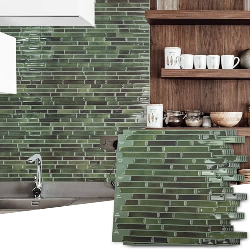 Art3d Lot de 10 feuilles de carreaux de crédence à décoller et à coller pour cuisine - carreaux muraux autocollants 30,5 × 30,5 cm pour cuisine, salle de bain, plan de travail, salon, vert