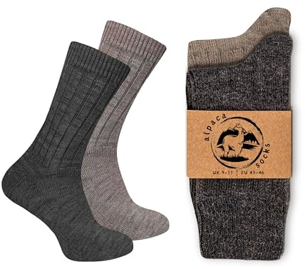 Wonky Line Alpacka Ullstrumpor 2-Pack - Termiska Strumpor för Män & Kvinnor - Varma, Andningsbara, Vandring & Vinter - Sand och antracit - 39-42