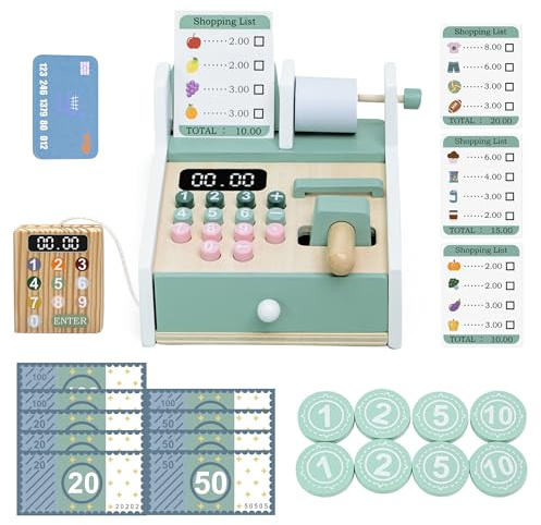 Masonbaby Cassa in legno per bambini, registratore di cassa per bambini 3-5 anni, giocattolo contabile con scanner e carta di credito, cassa per bambini, negozio di alimentari, giocattolo di cassa con