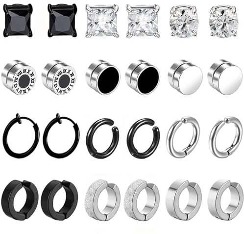 12Paar Edelstahl Magnetische Ohrstecker für Männer Frauen Magnet Ohrringe Herren Damen Creolen CZ Magnet Nicht Durchdringende Clip Magnet Ohrstecker Ohrclips Non Piercing Ohrringe Set Silber Schwarz