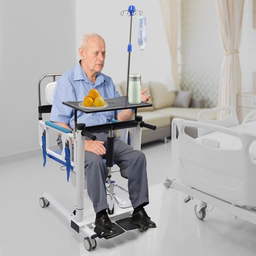 Patientenlifter Höhenverstellbar Toilettenstuhl für Senioren, Multifunktions-Senioren-Hydraulik Lifter, Körperlifter Bett Toilettenstuhl mit Rollen/Esstischplatte/Infusionsstütze, Belastung 120kg