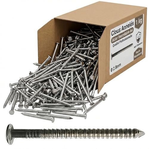 Pointes/clous annelés anti-retrait - Lot de 1kg (environ 350) - inox A4 anti-rouille - diam 2.8 mm - Longueur 75 mm mm - Diamètre 2.8 mm