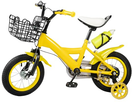 GDSKR Bicicletta per bambini 12 pollici, a pedale con ruote di supporto e cestino, regolabile in altezza