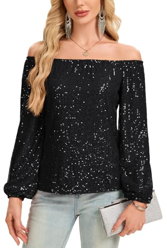 Kyzoeyou Damen Pailletten Oberteil Glitzer Tops Langarm Schulterfrei T-Shirt Bluse Elegant Freizeit Tunika Party Festival