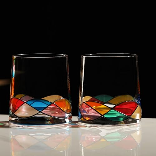 Supercap - Lot de 2 verres à boire peints à la main, pour eau colorée, whisky, cocktail, vin, verres à l'ancienne, verres de bar, 270 ml (colorés, 2 pièces)