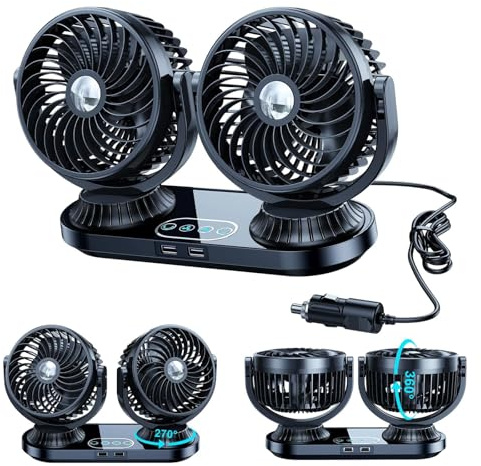 Ximil Auto Oscillating Car Fan 12V 24V Universal Cigarette Lighter Plug, Dual Head Cooling Fans with 2 USB Charging Ports, 360° Rotatable Powerful Car Fans for SUV, RV, Campervan, Lorry, Vehicles