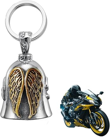 Biker Guardian Bell,Motorrad Glocke Angel Glücksbringer Schlüsselanhänger,Schutzengel Glöckchen Keyring Geschenk,Personalisiert Ride Bells Wächterglocke Anhänger für Car Motorad Fahrer Bike (Gold)