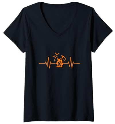 Femme Gargouille Heartbeat EKG Line Halloween T-Shirt avec Col en V