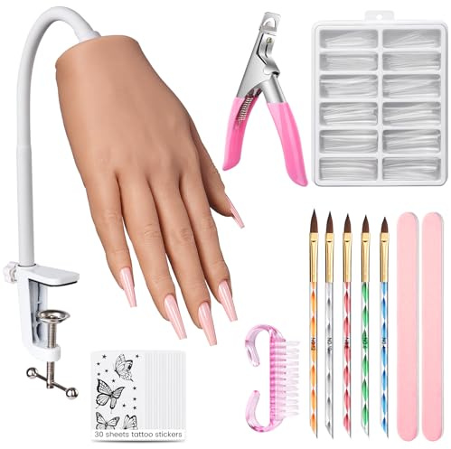 Deciniee Main D'Entrainement Manucure Silicone: Flexible Fausse Main Pour Ongle - Ajustable Main d Entrainement pour Ongle avec 240 Pièces Faux Ongles/Pinceau à Ongles/Lime à Ongles