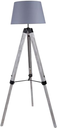 wilko Grey Washed Wood Tripod Floor Lamp, Contemporary Colonial Style, 61cm Width x 57cm Height, Grey Linen-Effect Shade, Indoor Use