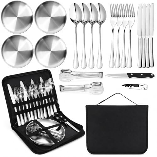 AURALIN Vajilla de camping para 4 personas, 20 piezas, portátil, de acero inoxidable, incluye bolsa para cubiertos (platos, tenedores, cucharas, alicates, cuchillos), color plateado