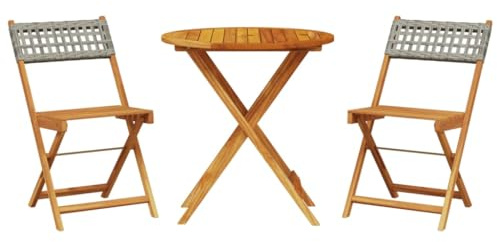 Qnhdfrt 3-TLG. Bistro-Set aus massivem Akazienholz und Poly Rattan, Klappbare Sitzgruppe für Garten, Balkon und Terrasse, Runder Gartentisch 70cm und 2 Stühle, Grau