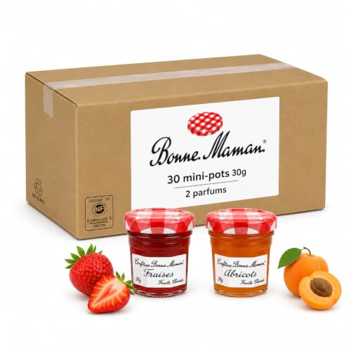 BONNE MAMAN - 30 Confitures individuelles Fraise/Abricot - 30g | Mini-pots Individuels en verre 30 g - 50% de fruits - Petit-Déjeuner, Hôtellerie et Restauration - Fabrication française