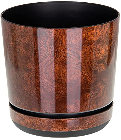 KORAD Wood Effect Large Indoor Plant Pot with Saucer Plastic Gloss Modern Decorative Planter with Drainage Holes (21 cm - 8.3 inch)
